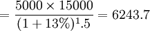 =\frac{5000 \times 15000}{(1+13%)^1.5}=6243.7