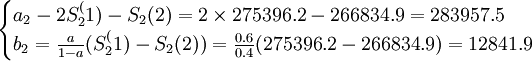 \begin{cases}a_2-2S_2^(1)-S_2(2)=2\times275396.2-266834.9=283957.5\\b_2=\frac{a}{1-a}(S_2^(1)-S_2(2))=\frac{0.6}{0.4}(275396.2-266834.9)=12841.9\end{cases}