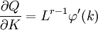 {{\partial Q }\over {\partial K}} = L^{r-1}\varphi ^\prime (k)