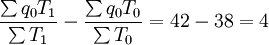 \frac{\sum q_0 T_1}{\sum T_1}-\frac{\sum q_0 T_0}{\sum T_0}=42-38=4