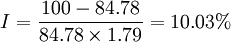 I=\frac{100-84.78}{84.78 \times 1.79}=10.03%