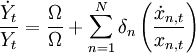 \frac{\dot{Y}_t}{Y_t}=\frac{\Omega}{\Omega}+\sum_{n=1}^{N}\delta_n\left(\frac{\dot{x}_{n,t}}{x_{n,t}}\right)