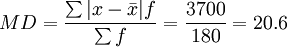 MD=\frac{\sum|x-\bar{x}|f}{\sum f}=\frac{3700}{180}=20.6