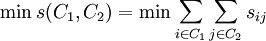 \min s(C_1, C_2)=\min\sum_{i\in C_1}\sum_{j\in C_2} s_{ij}