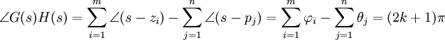 \angle G(s)H(s)=\sum^m_{i=1}\angle(s-z_i)-\sum^n_{j=1}\angle(s-p_j)=\sum^m_{i=1}\varphi_i-\sum^n_{j=1}\theta_j=(2k+1)\pi