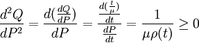 \frac{d^2 Q}{dP^2}=\frac{d(\frac{dQ}{dP})}{dP}=\frac{\frac{d(\frac{t}{\mu})}{dt}}{\frac{dP}{dt}}=\frac{1}{\mu\rho(t)}\ge 0