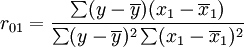 r_{01}=\frac{\sum(y-\overline{y})(x_1-\overline{x}_1)}{\sum(y-\overline{y})^2\sum(x_1-\overline{x}_1)^2}