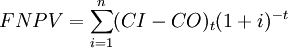 FNPV=\sum_{i=1}^n(CI-CO)_t(1+i)^{-t}