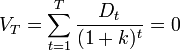 V_T=\sum_{t=1}^T\frac{D_t}{(1+k)^t}=0