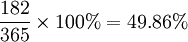\frac{182}{365}\times 100%=49.86%