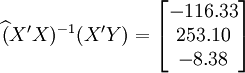 .widehat(X^.prime X)^{-1}(X^.prime Y)=.begin{bmatrix}-116.33..253.10..-8.38.end{bmatrix}