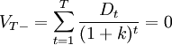 V_{T-}=\sum_{t=1}^T\frac{D_t}{(1+k)^t}=0
