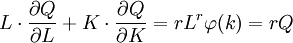 L \cdot {{\partial Q}\over {\partial L}}+K\cdot {{\partial Q} \over {\partial K}} = rL^r \varphi (k) =rQ