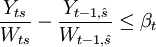 \frac{Y_{ts}}{W_{ts}}-\frac{Y_{t-1,\hat{s}}}{W_{t-1,\hat{s}}}\le\beta_t