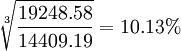 \sqrt[3]{\frac{19248.58}{14409.19}}=10.13%