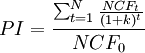 PI=\frac{\sum_{t=1}^N \frac{NCF_t}{(1+k)^t}}{NCF_0}