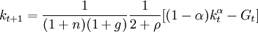 k_{t+1}=\frac{1}{(1+n)(1+g)}\frac{1}{2+\rho}[(1-\alpha)k_t^\alpha-G_t]