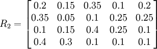 R_2=\begin{bmatrix}0.2&0.15&0.35&0.1&0.2\\0.35&0.05&0.1&0.25&0.25\\0.1&0.15&0.4&0.25&0.1\\0.4&0.3&0.1&0.1&0.1\end{bmatrix}