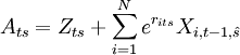 A_{ts}=Z_{ts}+\sum_{i=1}^Ne^{r_{its}}X_{i,t-1,\hat{s}}