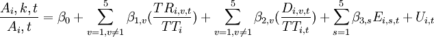 \frac{A_i,k,t}{A_i,t}=\beta_0+\sum_{v=1,v\ne1}^5\beta_{1,v}(\frac{TR_{i,v,t}}{TT_i})+\sum_{v=1,v\ne1}^5\beta_{2,v}(\frac{D_{i,v,t}}{TT_{i,t}})+\sum_{s=1}^5\beta_{3,s}E_{i,s,t}+U_{i,t}