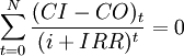 \sum_{t=0}^N\frac{(CI-CO)_t}{(i+IRR)^t}=0