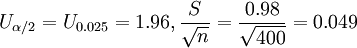 U_{\alpha/2}=U_{0.025}=1.96,\frac{S}{\sqrt{n}}=\frac{0.98}{\sqrt{400}}=0.049