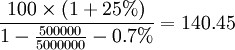 \frac{100\times(1+25%)}{1-\frac{500 000}{5000 000}-0.7%}=140.45