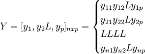 Y=[y_1,y_2L,y_p]_{nxp}=\begin{cases}y_{11} y_{12} L y_{1p}\\y_{21} y_{22} L y_{2p}\\L L L L\\y_{n1} y_{n2} L y_{np}\end{cases}