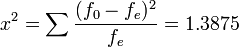 x^2=\sum \frac{(f_0 - f_e)^2}{f_e} = 1.3875