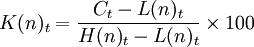 K(n)_t=\frac{C_t-L(n)_t}{H(n)_t-L(n)_t}\times100