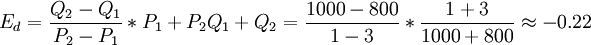 E_d=frac{Q_2-Q_1}{P_2-P_1}*{P_1+P_2}{Q_1+Q_2}=frac{1000-800}{1-3}*frac{1+3}{1000+800}approx  -0.22