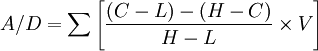 A/D=\sum\left[\frac{(C-L)-(H-C)}{H-L}\times V\right]