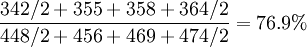\frac{342/2+355+358+364/2}{448/2+456+469+474/2}=76.9%