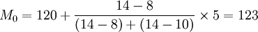 M_0=120+\frac{14-8}{(14-8)+(14-10)}\times 5=123