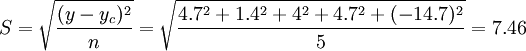 S=sqrt{frac{(y-y_c)^2}{n}}=sqrt{frac{4.7^2+1.4^2+4^2+4.7^2+(-14.7)^2}{5}}=7.46