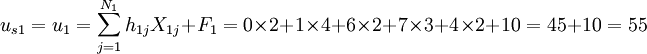u_{s1}=u_1=\sum_{j=1}^{N_1} h_{1j}X_{1j}+F_1=0\times 2+1\times 4+6\times 2+7\times 3+4\times 2+10=45+10=55
