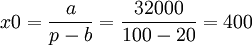 x0=frac{a}{p-b}=frac{32000}{100-20}=400