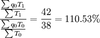\frac{\frac{\sum q_0 T_1}{\sum T_1}}{\frac{\sum q_0 T_0}{\sum T_0}}=\frac{42}{38}=110.53%
