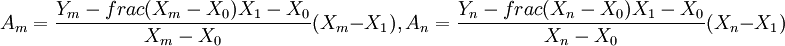 A_m=frac{Y_m-frac{(X_m-X_0)}{X_1-X_0}}{X_m-X_0}(X_m-X_1),A_n=frac{Y_n-frac{(X_n-X_0)}{X_1-X_0}}{X_n-X_0}(X_n-X_1)
