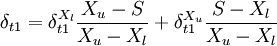 \delta_{t1}=\delta_{t1}^{X_l}\frac{X_u-S}{X_u-X_l}+\delta_{t1}^{X_u}\frac{S-X_l}{X_u-X_l}