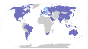 二十国集团地图，蓝色：十九个成员国；浅蓝色：欧盟（也是成员之一）