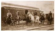 When Butch Cassidy and his Wild Bunch gang held up a Union Pacific train, this posse was organized to give chase. L to R: Standing, Unidentified; On horse, George Hiatt, T. Kelliher, Joe Lefors, H. Davis, S. Funk, Thomas Jefferson Carr.