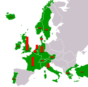 这幅冷战时期的欧洲地图上标注了接受马歇尔计划援助的国家。红色圆柱代表了各国各自接受的援助相对数量。