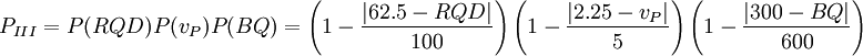 P_{III}=P(RQD)P(v_P)P(BQ)=\left(1-\frac{\left|62.5-RQD\right|}{100}\right)\left(1-\frac{\left|2.25-v_P\right|}{5}\right)\left(1-\frac{\left|300-BQ\right|}{600}\right)