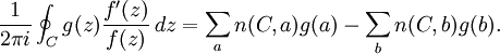\frac{1}{2\pi i} \oint_C g(z)\frac{f'(z)}{f(z)}\, dz = \sum_a n(C,a)g(a) - \sum_b n(C,b)g(b).