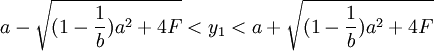 a- \sqrt{(1 - \frac{1}{b})a^2 + 4F} < y_1 < a + \sqrt{(1 - \frac{1}{b})a^2 + 4F}