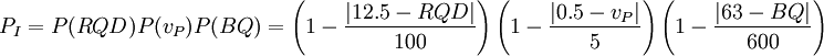 P_{I}=P(RQD)P(v_P)P(BQ)=\left(1-\frac{\left|12.5-RQD\right|}{100}\right)\left(1-\frac{\left|0.5-v_P\right|}{5}\right)\left(1-\frac{\left|63-BQ\right|}{600}\right)
