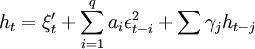 h_t=\xi^\prime_t+\sum_{i=1}^q a_i\epsilon^2_{t-i}+\sum\gamma_j h_{t-j}