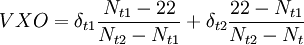 VXO=\delta_{t1}\frac{N_{t1}-22}{N_{t2}-N_{t1}}+\delta_{t2}\frac{22-N_{t1}}{N_{t2}-N_t}
