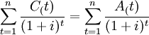 \sum_{t=1}^n\frac{C_(t)}{(1+i)^t}=\sum_{t=1}^n\frac{A_(t)}{(1+i)^t}